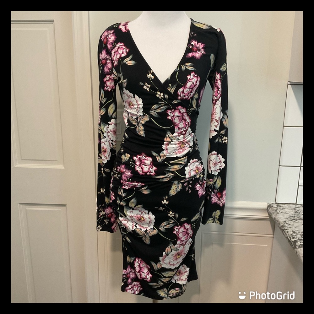 ANTHROPOLOGIE (YUMI KIM) Faux Wrap Black Floral Dress EUC